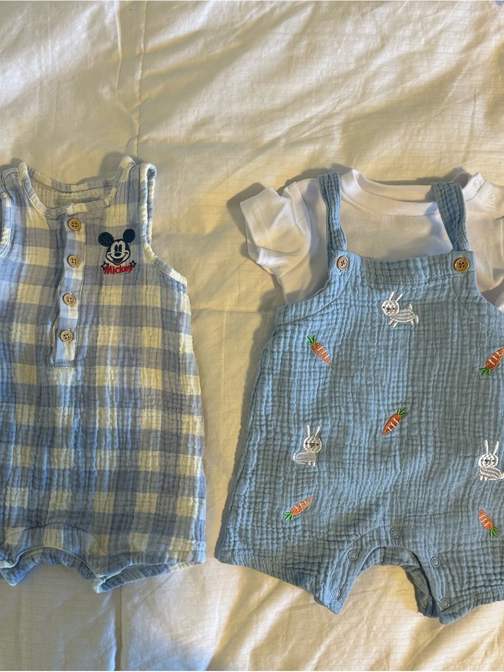 Disney Light Blue Checkered & Embroidered Cotton Rompers